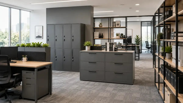 Modern office with lateral files, lockers, and open shelving