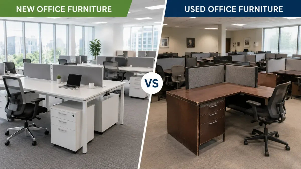 Comparison of new and used office furniture options for a professional Chicago workspace.