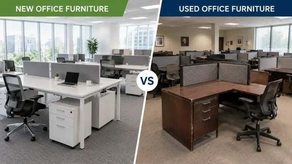 Comparison of new and used office furniture options for a professional Chicago workspace.