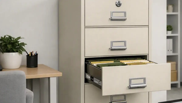 Fireproof file cabinet protecting business records in an office