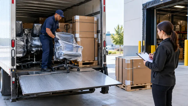 Driver unloading office furniture at a dock during a nationwide freight delivery