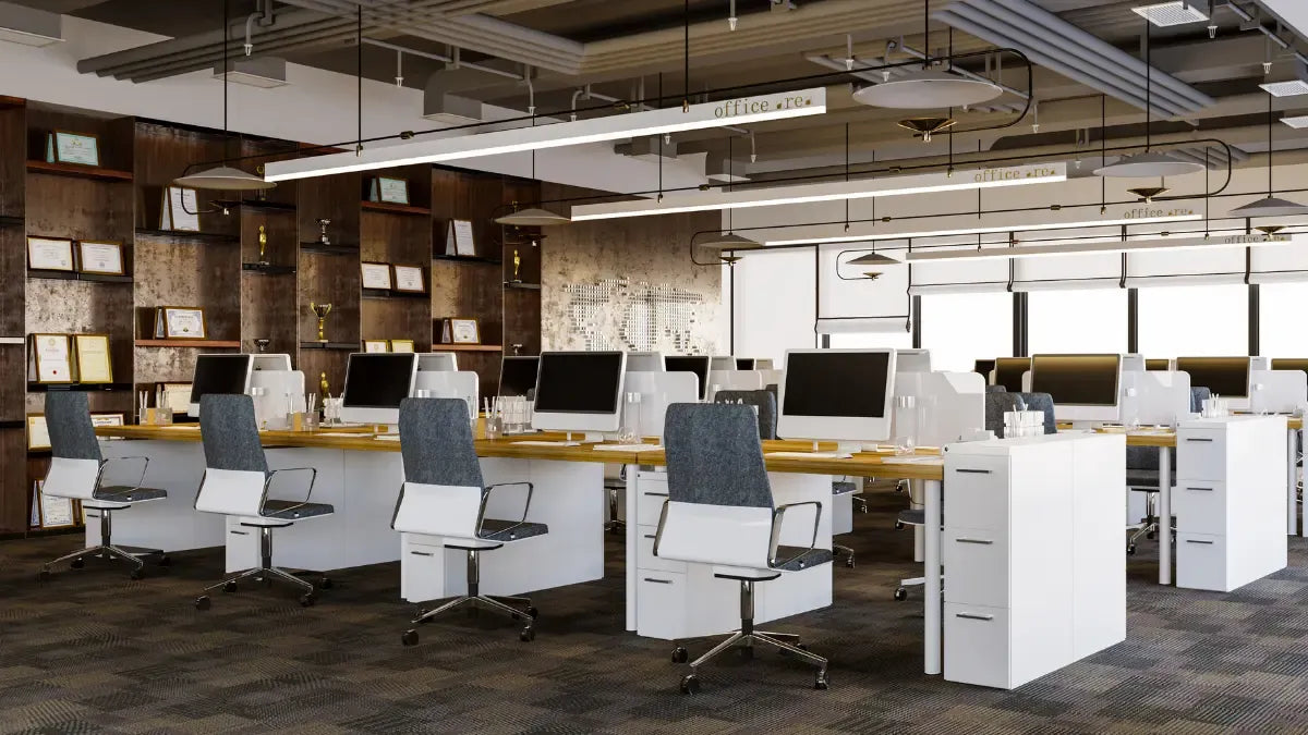 Modern office workspace in Chicago featuring ergonomic furniture, office cubicles, and collaborative work areas.