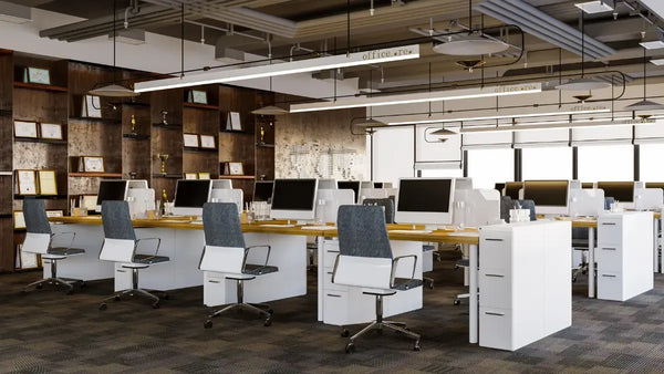 Modern office workspace in Chicago featuring ergonomic furniture, office cubicles, and collaborative work areas.